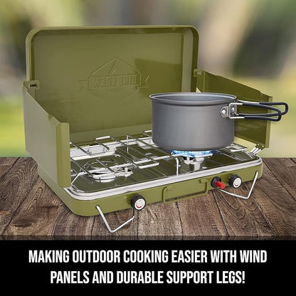 Hike Crew Gas Camping Stove | 20,000 BTU Portable Propane 2 Burner Stovetop | Integrated Igniter & Stainless Steel Drip Tray | Built-in Carrying Handle, Foldable Legs, Wind Panels | Includes Regulator