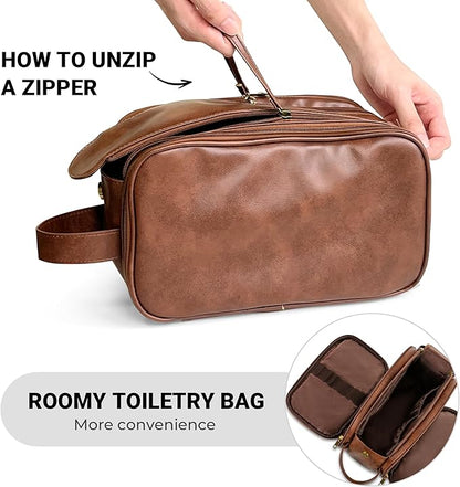 Elviros Toiletry Bag for Men, Large Travel Shaving Dopp Kit Water-resistant Bathroom Toiletries Organizer PU Leather Cosmetic Bags (Medium, Dark Brown)