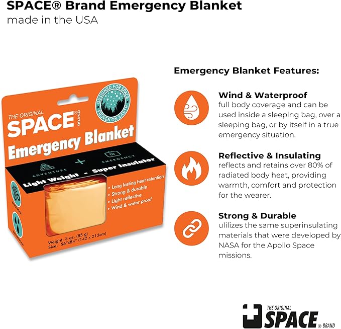 Space Brand Emergency Blanket - Orange/Silver - Waterproof and Windproof Fi