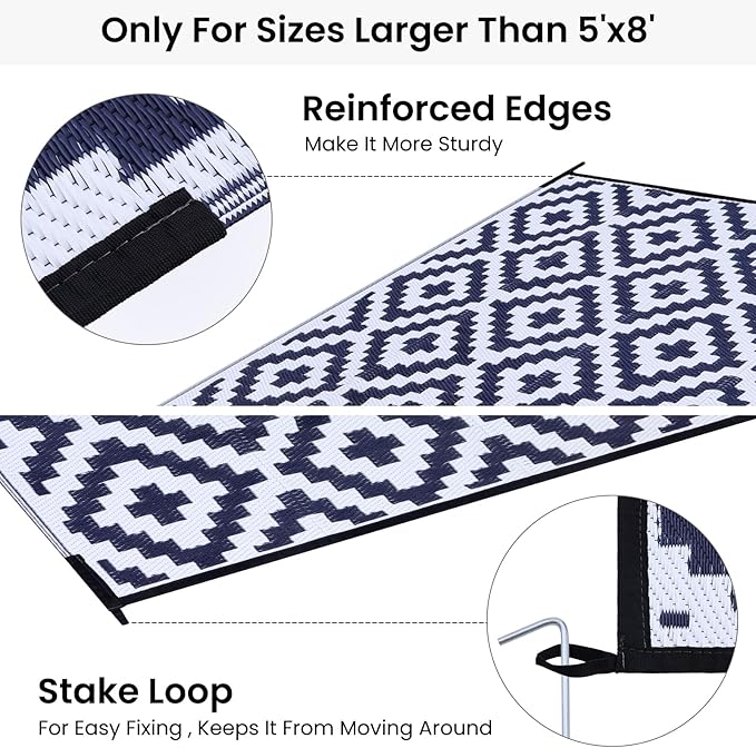 Smiry Waterproof Outdoor Rug 8x10 ft, Reversible Plastic Straw Patio Camping Rugs, Outdoor Indoor RV Mat Carpet for Patio, Outside Entry, Backyard, Deck, Bench, Picnic, Camper, White & Navy