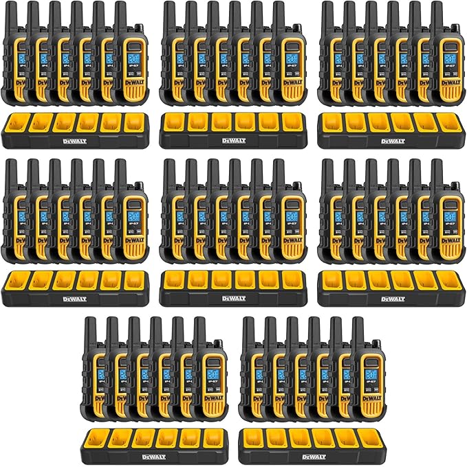DEWALT DXFRS300 1 Watt Heavy Duty Walkie Talkies - Waterproof, Shock Resistant, Long Range & Rechargeable Two-Way Radio with VOX (48 Pack w/ 8X Gang Chargers) (8DXFRS300-BCH6)