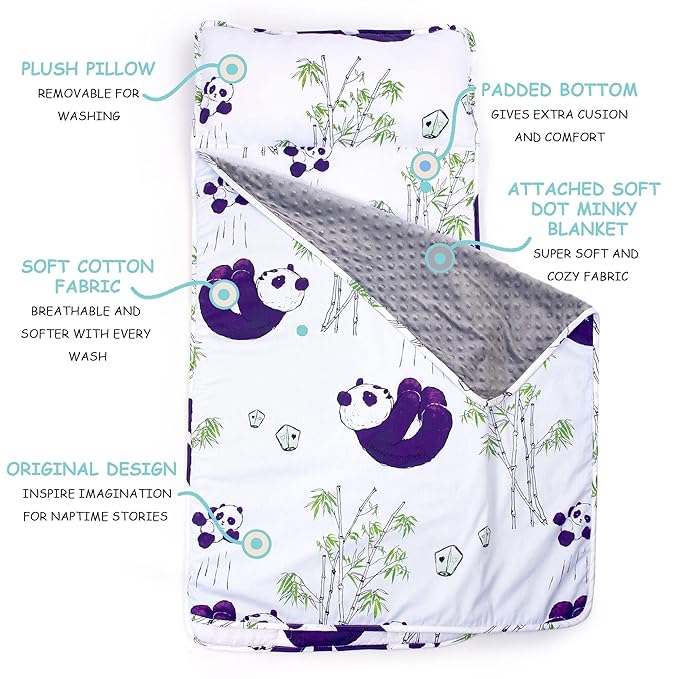 JumpOff Jo - Toddler Nap Mat - Sleeping Bag for Kids with Removable Pillow and Ultra Soft Blanket for Preschool, Daycare, and Sleepovers - Playful Pandas