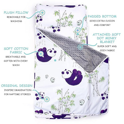JumpOff Jo - Toddler Nap Mat - Sleeping Bag for Kids with Removable Pillow and Ultra Soft Blanket for Preschool, Daycare, and Sleepovers - Playful Pandas