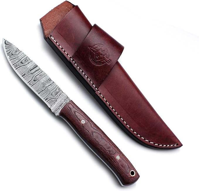 Handmade Damascus Steel Knife Bowie for Hunting,Survival,Camping,Bushcraft and Fishing, Fixed Blade with Drop Point Full Tang Micarta Handle, Leather Sheath - WKD-788