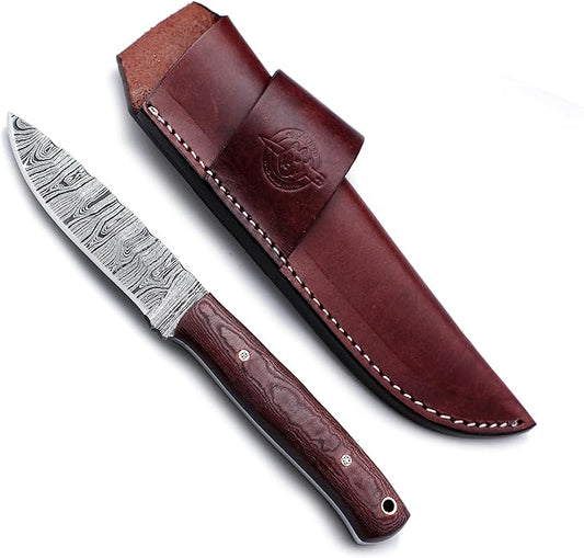 Handmade Damascus Steel Knife Bowie for Hunting,Survival,Camping,Bushcraft and Fishing, Fixed Blade with Drop Point Full Tang Micarta Handle, Leather Sheath - WKD-788