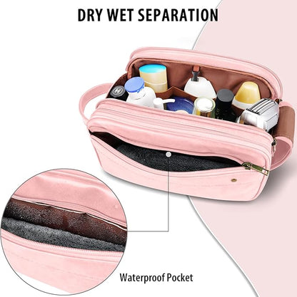 Travel Toiletry Bag for Women, Large Hanging Toiletries Organizer Bags for Men, Cruise Ship Essentials, Water-resistant Shaving Case, PU Leather Makeup Accessories, Cosmetic Dopp Kit, Pink