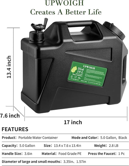 5 Gallon Water Jug, Camping Water Containers, Truly No Leakage Water Tank, Large Military Black Water Storage,BPA Free Portable Emergency Overlanding Gear for Outdoors&Hiking