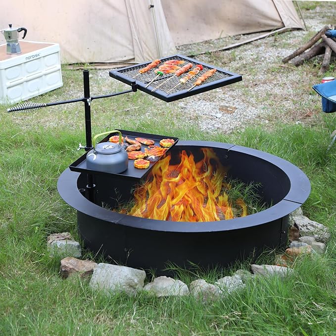 REDCAMP Swivel Campfire Grill Skillet Combo, Portable Heavy Duty Camping Grill Grate with Carrying Bag for Outdoor Fire pit Open Flame Cooking