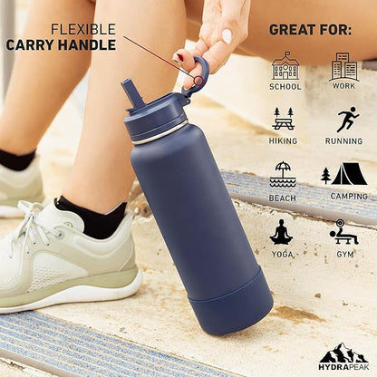 Hydrapeak 32oz Sport Insulated Water Bottle with Straw or Chug Lid, Leak & Spill Proof, Keeps Drinks Cold for 24 Hours, Hot for 12 Hours, Premium Stainless Steel Water Bottles (32oz, Belize)