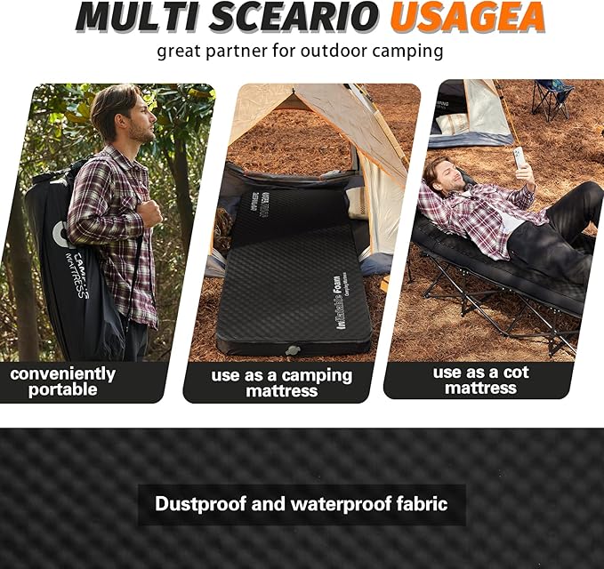Self Inflating Sleeping Pad, 4in Ultra-Thick Foam Camping Mattress with Air Pump Sack Small Single Size, Sleeping Mats for Adults Inflatable Camping Pad, Single Bed, Travel, Car, Tent, Home, Black7