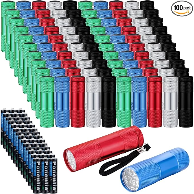 VIHOSE 100 Pcs Christmas Stocking Stuff Gift Mini Flashlight Set Bulk LED Handheld Torches with Lanyard 300 Pcs No. 7 Batteries Box Aluminum Small Flashlights for Party Night Power Outage Emergency