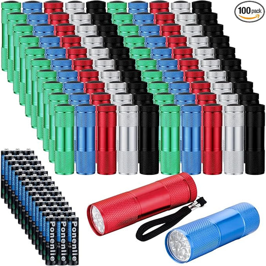 VIHOSE 100 Pcs Christmas Stocking Stuff Gift Mini Flashlight Set Bulk LED Handheld Torches with Lanyard 300 Pcs No. 7 Batteries Box Aluminum Small Flashlights for Party Night Power Outage Emergency