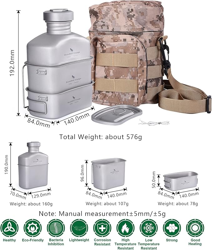Boundless Voyage Titanium Military Canteen with Camouflage Bags Large Capacity Kidney Shape with Lid and Hanging Chain