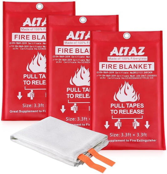 Altaz Fire Blanket Emergency for Home Kitchen - 39.4"x39.4" Flame Suppression Fiberglass Fire Extinguisher for Camping, Grill, Car, Office, Warehouse, Fireplace, Survival, Safety (3 Pack)