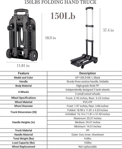 5 Gallon Water Jug and 150 lb Multifunctional Folding Hand Cart,Black Hand Truck,BPA Free Thickened Water Storage, Portable Luggage Cart with 2 Tank Wheels + 2 Swivel Wheels,Essential Camping Hiking
