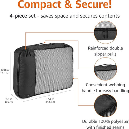 Amazon Basics Large Packing Cubes for Travel, Packing Organizers, 4-Piece-Set With Double Zipper Pulls and Mesh Top Panel, 100% Durable Polyester, Black, 17.5"L x 12.8"W x 3.3"H