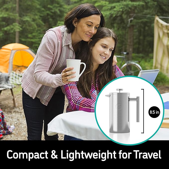 Coffee Gator French Press Coffee Maker 34oz, Double Insulated Stainless Steel Brewer plus Travel Jar Canister, Portable Hot Cold Brew Teapot Cafetera for Coffee Bar Accessories Kitchen Camping, Silver