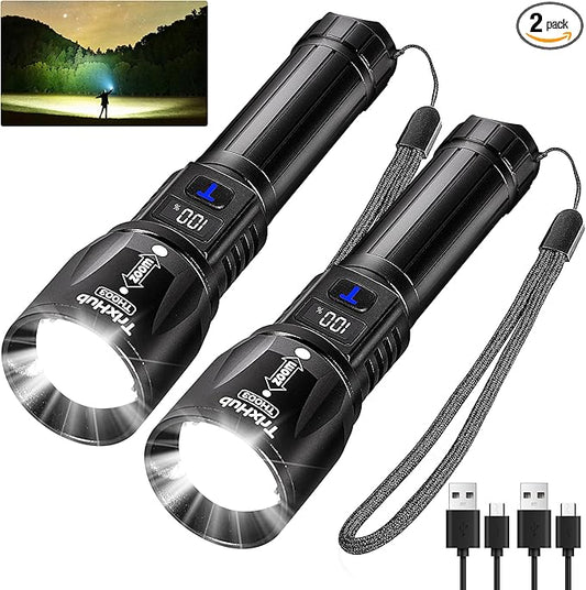 Rechargeable Flashlights 2 Pack, 990,000 Lumens Super Light Flashlight with LCD Digital Display, 5 Adjustable Mode Powerful Tactical Flashlight, Waterproof Flashlights for Camping Hiking