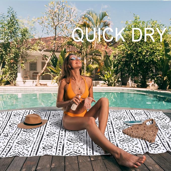 Bnuitland Black and White Boho Pattern Beach Towel (35X75 inches), Oversized Quick Dry Absorbent Sand Free, Cute Towels for Travel Swimming Pool Picnic, 90% Polyester and 10% Polyamide