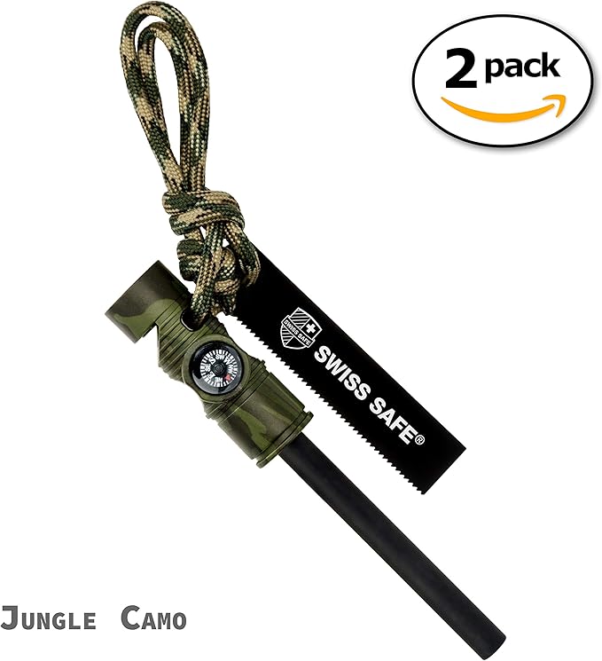 Swiss Safe 5-in-1 Fire Starter with Compass, Paracord and Whistle (2-Pack) for Emergency Survival Kits, Camping, Hiking, All-Weather Magnesium Ferro Rod