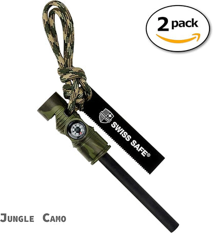 Swiss Safe 5-in-1 Fire Starter with Compass, Paracord and Whistle (2-Pack) for Emergency Survival Kits, Camping, Hiking, All-Weather Magnesium Ferro Rod