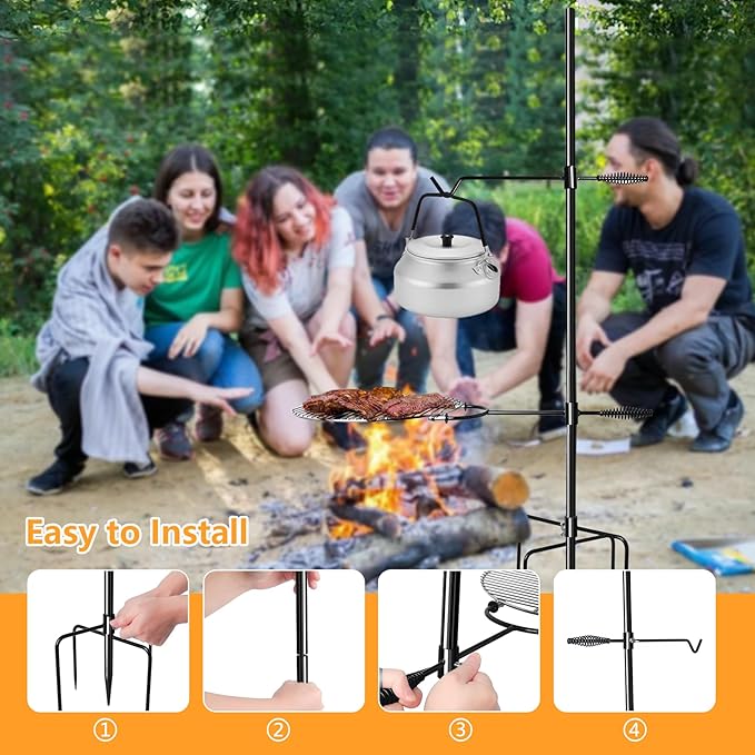 Campfire Grill Grate with Keetle Hook, 360° Rotatable Swivel Campfire Fire Pit Grill Grate for Outdoor Camping BBQ, Cooking