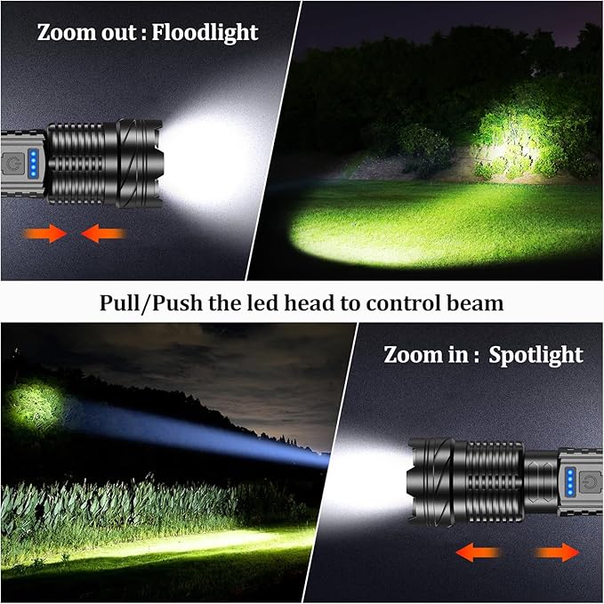 Rechargeable Flashlight high lumens with Clip Waterproof Police Flashlights, Zoomable Beam LED Flash Light with 7 Modes and SOS for Emergencies, Home, Camping, Hiking, Pet Walking (Black)