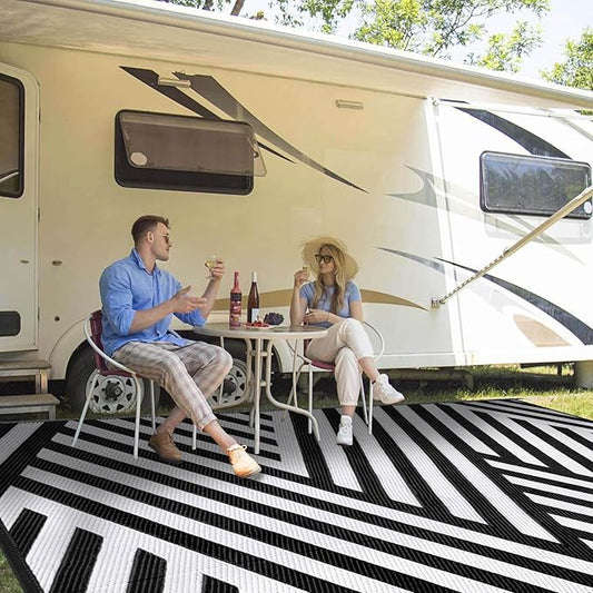 Outdoor Patio Plastic Straw Rug - 9'x18' Outdoor Camping Rug Waterproof Reversible, Area Carpet Patios Clearance RV, Outside Porch Balcony Deck for Camper, White & Black