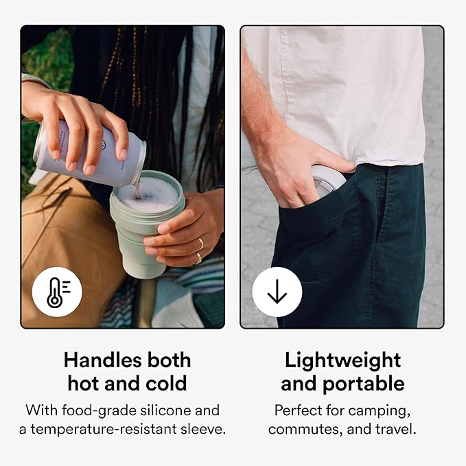 STOJO Collapsible Travel Cup With Straw - Sage Green, 16oz / 470ml - Reusable To-Go Pocket Size Silicone Bottle for Hot and Cold Drinks - Perfect for Camping and Hiking - Microwave & Dishwasher Safe