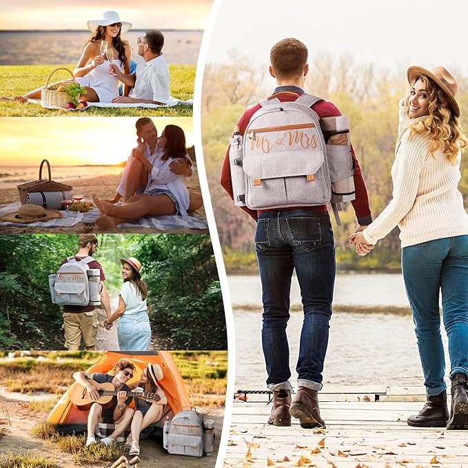 Couple Gifts 22L Picnic Basket Set, Grey Insulated Picnic Backpack for 2, Leak Proof Cooler Camping Gifts, Cool Bridal Shower Gifts Anniversary Engagement Wedding Gifts for Couples, Mr and Mrs Gifts