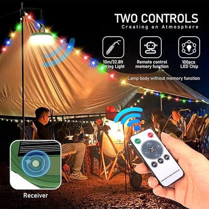 Camping String Lights,Solar Rechargeable Portable Outdoor LED String Light with Remote Control(39.4 Ft Multicolored Lights),Yard Tent Hanging Garden Party Festival Deco String Lights