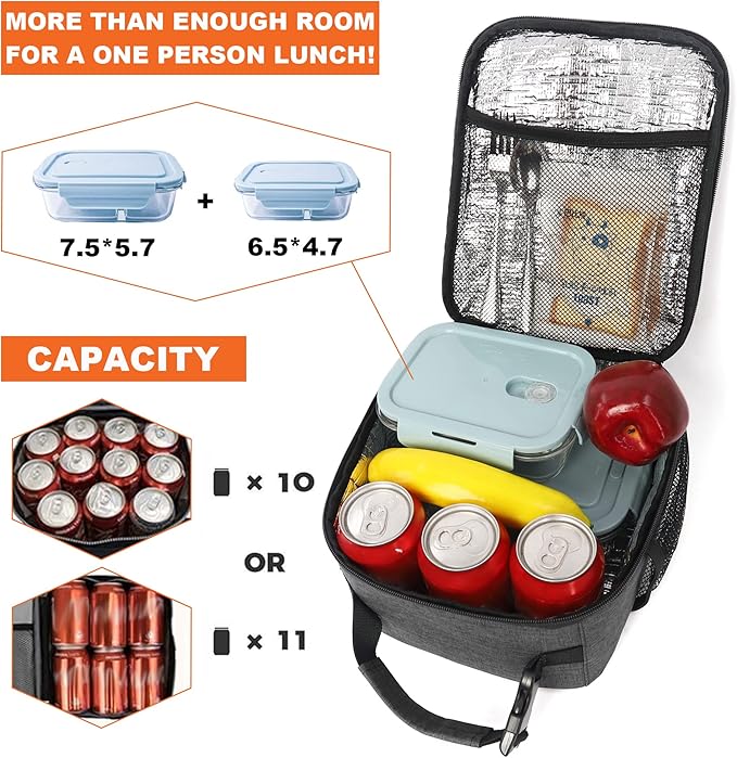 Femuar Lunch Box for Men Women Adults Small Lunch Bag for Office Work Picnic - Reusable Portable Lunchbox, Charcoal Grey