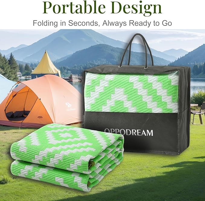 OPPODREAM Outdoor Rug 8x10 Patio Waterproof, Large Outdoor Plastic Straw Rug, Reversible Out Door Carpet for Camping, Deck, Rv, 8 x 10 Area Carpet for Balcony, Porch, Backyard, White and Green