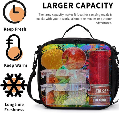 Graffiti Game Pattern Lunch Bag Watercolor Doodle Game Lunch Boxes for Women/Man Office Work Travel School Work Picnic Durable Reusable Insulated Large Lunch Tote Bag with Adjustable Shoulder Strap