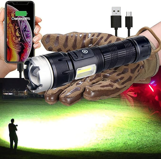Worlds Smallest Brightest Flashlight High Lumen 5000 Military Rechargeable Zoom Searchlights Lantern Combo with Red Light Optional for Kids Camping Hiking Daily Use Car Hunting Fishing, Black