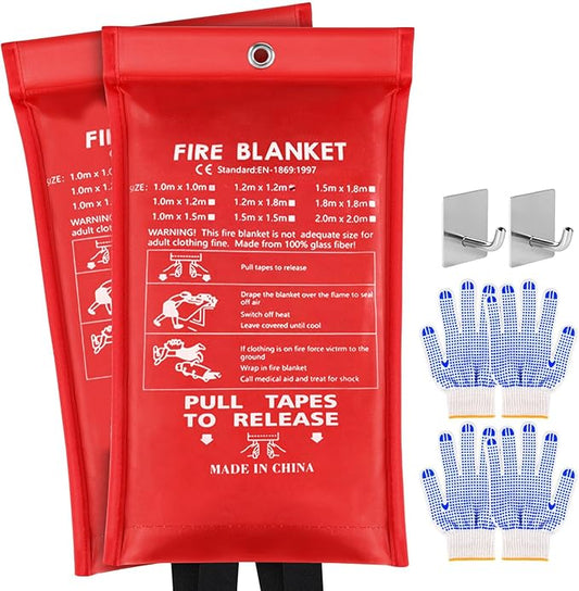 NEXARA Emergency Fire Blanket for Home and Kitchen - 2 Pack 47"x47" Flame Suppression Fiberglass Fire Blankets for House Camping Car Office Warehouse Emergency Survival Safety 2 Hooks & 2 Gloves