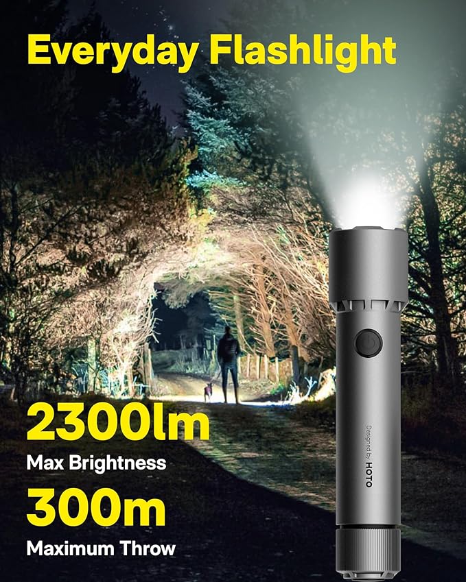 HOTO LED Flashlight High Lumens, Rechargeable Tactical Flashlight Super Bright, IP68 Waterproof Flash Light with Clip, 5 Modes Handheld Flashlights for Emergency, Outdoor, Camping
