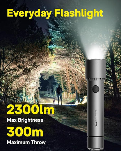 HOTO LED Flashlight High Lumens, Rechargeable Tactical Flashlight Super Bright, IP68 Waterproof Flash Light with Clip, 5 Modes Handheld Flashlights for Emergency, Outdoor, Camping