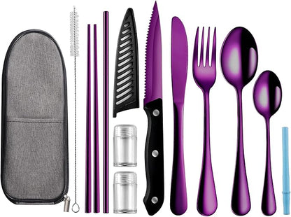 Portable Travel Utensils Set,Reusable Utensils,Travel Camping Cutlery Set,Stainless Steel Flatware Set with Case,Lunch Boxes Workplace Camping School Picnic (Purple)