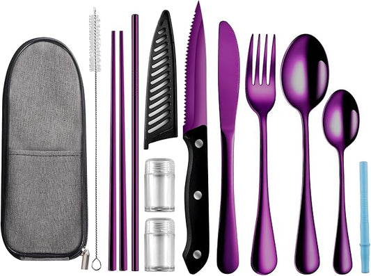 Portable Travel Utensils Set,Reusable Utensils,Travel Camping Cutlery Set,Stainless Steel Flatware Set with Case,Lunch Boxes Workplace Camping School Picnic (Purple)