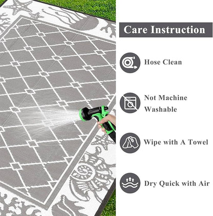 Vaukki Reversible Rugs, Plastic Straw Outdoor Doormat, Fade Resistant Plastic Outdoor Patio Mat, Lightweight Ocean Area Carpet for Patio, RV, Camping, Beach, Deck, Backyard and Picnic (Grey, 5'x8')