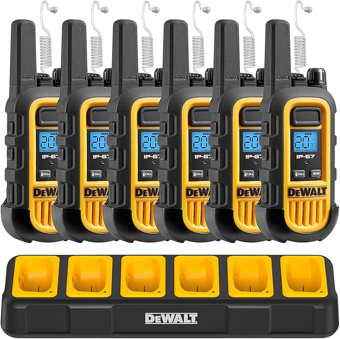 DEWALT DXFRS300 Bundle 1W Walkie Talkies Heavy Duty Business Two-Way Radios, 6 Pack with 6 Headsets Plus Gang Charger (DXFRS300BCH6-SV1)
