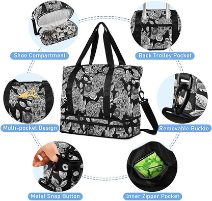 Skull Weekender for Women, Gym Sports Duffle With Flowers, Travel Tote With Toiletry Bag, Shoes Compartment, Dry/Wet Separation Swim Bag