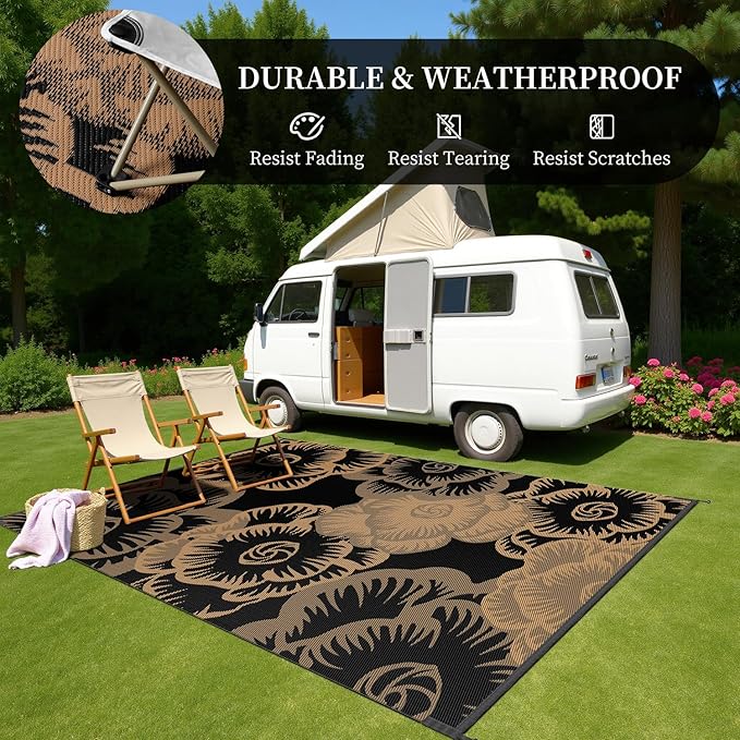 MontVoo Outdoor Rug 8x10 Waterproof Patio Rug-Outdoor Carpet Mat Reversible Plastic Straw Outside Outdoor Rug for RV Camping Picnic Beach Balcony Backyard Pool Deck Farmhouse Floral Black Brown