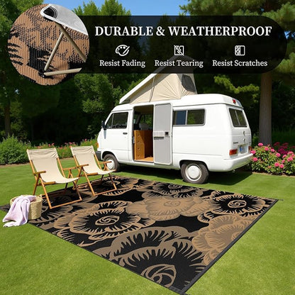 MontVoo Outdoor Rug 8x10 Waterproof Patio Rug-Outdoor Carpet Mat Reversible Plastic Straw Outside Outdoor Rug for RV Camping Picnic Beach Balcony Backyard Pool Deck Farmhouse Floral Black Brown