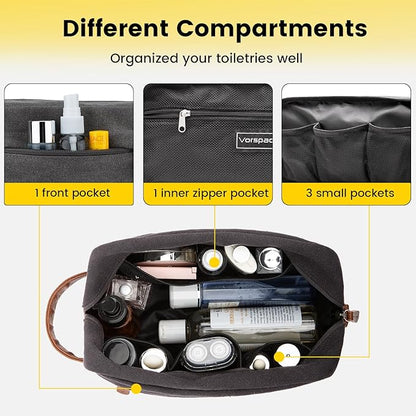 Vorspack Toiletry Bag Hanging Dopp Kit for Men Water Resistant Canvas Shaving Bag with Large Capacity for Travel - Dark Grey