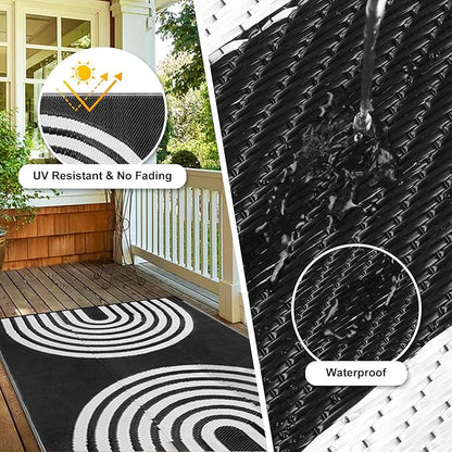 Anidaroel Outdoor Area Rug for Patio Clearance 5x8ft Waterproof, Reversible Plastic Straw Rug Outside Rug, UV Resistant RV Mat for Camping, Porch, Balcony, Pool Deck(Black&White, 5‘x8')
