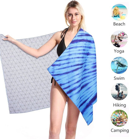 Microfiber Pool Sandproof Beach Towel Blanket - Quick Fast Dry Sand Free Proof Compact Outdoor Camping Travel Swim Micro Fiber Thin Yoga Mat Personalized Gift for Women Man Adult Blue Tie Dye
