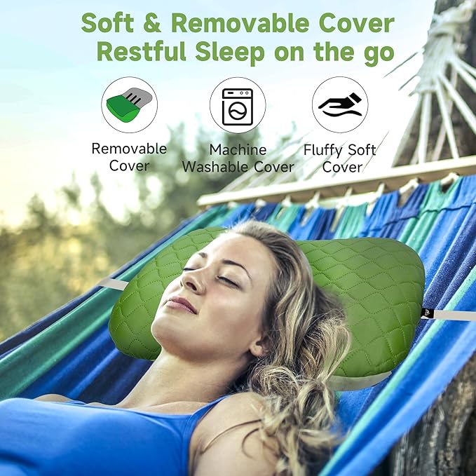 OUTSKIRT Inflatable Travel Pillow, 2-in-1 Camping Pillows for Sleeping, Ergonomic & Lightweight Small Backpacking Pillow for Travel, Hiking, Camping & Outdoor Activities, Green