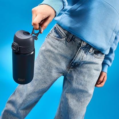ION8 Insulated Steel Water Bottle, 320 ml/11 oz, Leak Proof, Easy to Open, Secure Lock, Dishwasher Safe, Carry Handle, Flip Cover, Scratch Resistant, Durable Stainless Steel, Carbon Neutral, Ash Navy